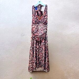 Studio Y, Sz Med, Halter, Dress,  Abstract, Red, Brown, Tan, Ruche, Hi/Lo Hem